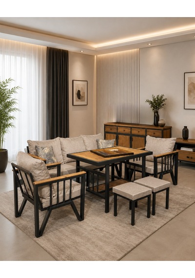 Lexus Metal Bahçe Balkon Teras Koltuk Takımı 3+1+1+masa+2 Adet Puf