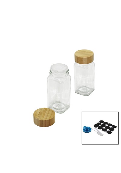 Lunaev 12 Pcs Takım Kare Cam Baharatlık - Tuzluk Bambu Kapaklı Açık Bej