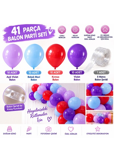 41 Parça Balon Parti Seti Renkli Ve Eğlenceli Kutlamalar İçin Çok  Renkli