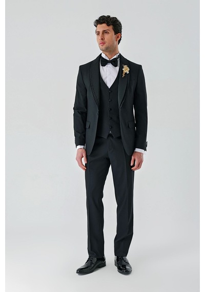 İmza Siyah Çıkarılabilir Şal Yaka Yelekli Likralı 6 Drop Slim Fit Smokin Damatlık 1001240203-Siyah