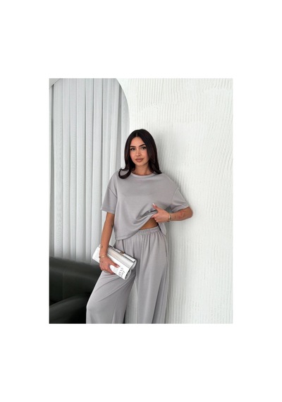 Kadın Osy Modal Yumuşak Kumaş Bisiklet Yaka T-shirt Bol Paça Pantolon İkili Takım - Boyalı Gri