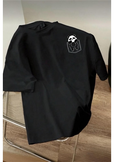 Cepte Panda Baskılı Oversize Unisex Pamuklu Tişört Battal Büyük Beden Tshirt SIYAH