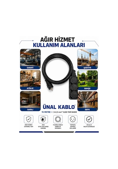 Ünal Kablo Sanayi Tipi Ağır Hizmet Uzatma Kablosu 15 Metre 3x2.5 Mm %100 Tam Bakır Seldur Kauçuk 3'lü Grup Priz Orel Kauçuk Fiş Ip54 Ip44 15 M