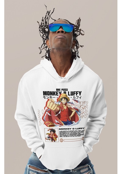 Sevbano One Piece Monkey D. Luffy Baskılı Unisex Oversize Anime Karakter beyaz