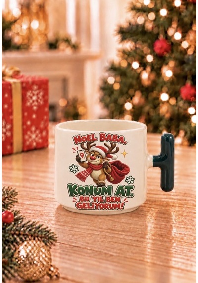 Mesela Yılbaşı Kupası Noel Baba Konum At Desenli Kırmızı Kulplu Hediyelik Kahve T Kupa Bardak Beyaz
