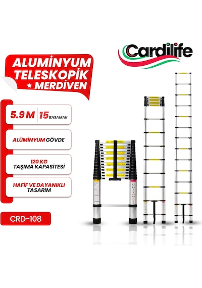 Cardilife 5.90 Metre 15 Basamaklı Teleskopik Alüminyum Merdiven –Platformlu & Kancalı Profesyonel Seri -