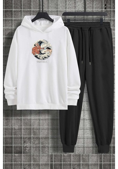 Uyguntarz Unisex Kanagawa Oki Nami Ura Baskılı Eşofman Takımı Beyaz
