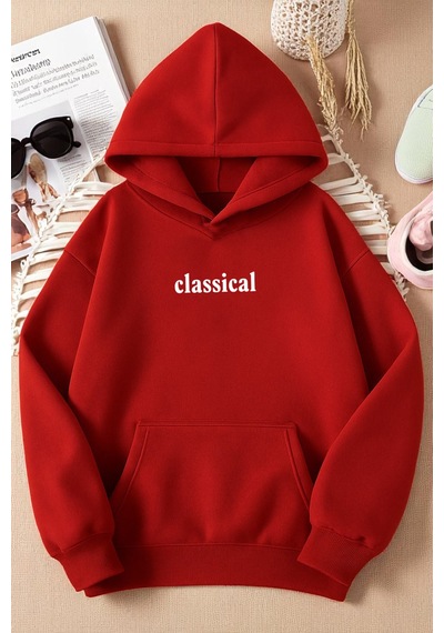 Uyguntarz Unisex Classical Baskılı Oversize Sweatshirt Kırmızı
