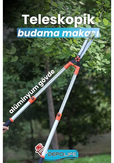 Depolife Professional Çim Çit Budama Kesme Makası Alüminyum Teleskopik Uzayan Kollu Kırpma Makası Battal Boy