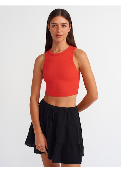 Dilvin Dikiş Efektli Crop Top Kırmızı Koyu Kırmızı