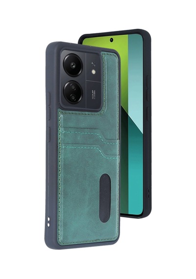 Xiaomi Poco C65 Uyumlu Deri Kartvizitli Kartlıklı Premium Telefon Kılıfı Kapak Koyu Yeşil