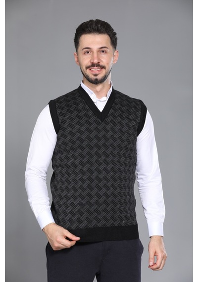 Kzc Tekstil Erkek Baba Ve Orta Yaş Desenli Akrilik Kalın Dokulu V Yaka Triko Süveter Siyah