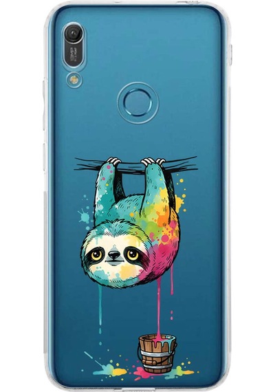 Huawei Y6 Pro 2019 İle Uyumlu Splash Tembel Hayvan Tasarımlı Şeffaf Silikon Kılıf Şeffaf