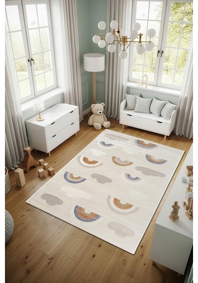 Cotto Kids Ck006r Krem Halı Gökkuşağı Desenli Kaymaz Tabanlı Yumuşak Yıkanabilir Çocuk Odası Halısı