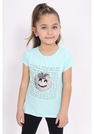 Toontoy Kids Toontoy Kız Çocuk Gülen Yüz Pullu Nakış Tişört Mint Yeşili