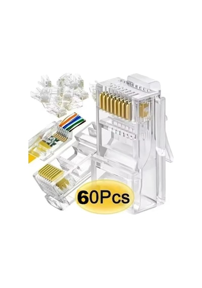 60 Adet Yeni Nesil Delikli Ez Rj45 Cat5/cat6 8p8c Utp Ağ Konnektörü, Standart, Drwlez60a, Şeffaf, Erkek
