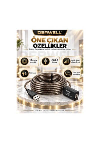 Yeni 2026 10 Metre Usb 2.0 Aktif Uzatma Kablosu Dahili Güçlendirilmiş Sinyal Çipli Kopma Donma Yapmaz Tak Çalıştır Erkek Dişi Yüksek Hızlı Kararlı Veri Aktarım Kablosu Gold Seri Premium