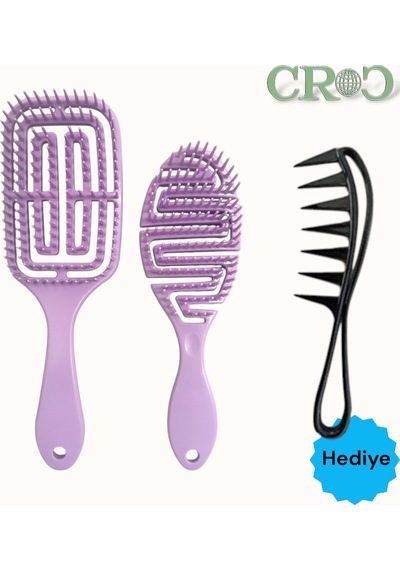 Croc Saç Fırçası Seti 2li Mor - Saç Açıcı Fırça, 3d Detangler Brush - Tarak Hediyeli