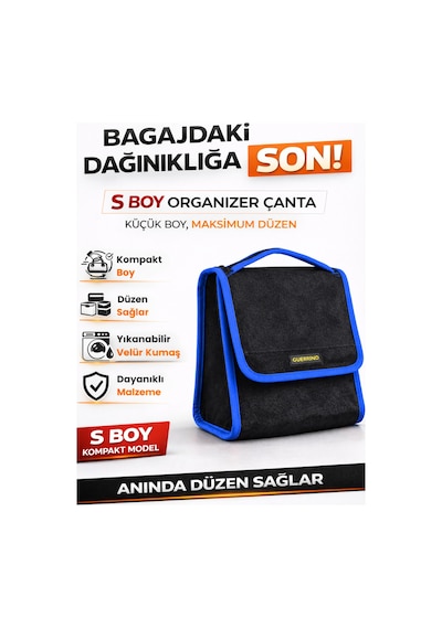 Oto Bagaj Organizer Bagaj Çantası S Boy Kaymaz Cırt Bantlı Velur Kompakt - Siyah Mavi