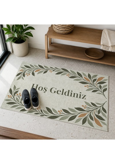 Kartela Halı Hoş Geldiniz Yazılı Yaprak Desenli Kapı Paspası Adaçayı Yeşili 40x60 Cm
