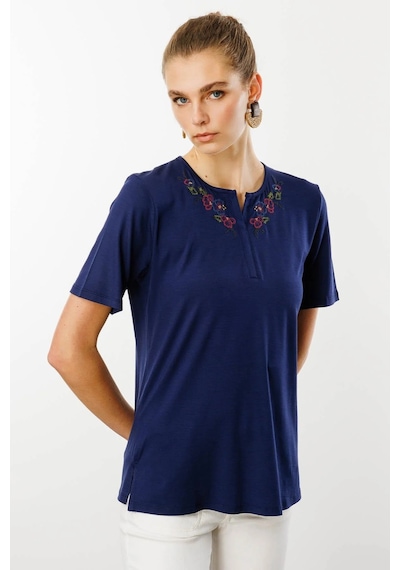 Desen Triko Kadın Açma Yaka Nakış İşlemeli Penye T-shirt 25700 Lacivert Lacivert