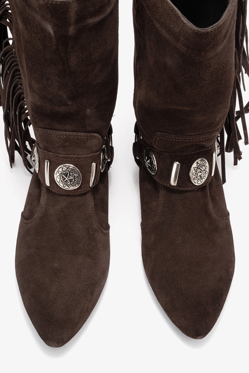 Luvishoes Luvi Shoes Selora Kahverengi Süet Püsküllü Hakiki Deri Tokalı Kadın Western Bot Süet Kahve