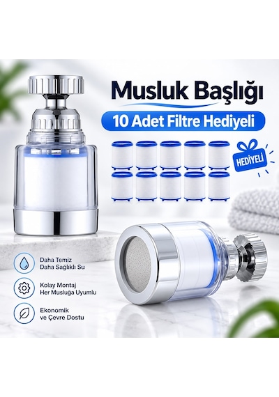 Viosa Kireç Önleyici Musluk Başlığı 360 Derece Döner Filtreli Ve Su Tasarufflu Başlık 10 Adet Filtre Hediyeli Siyah