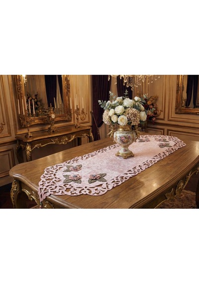 Mina Kadife Kumaş Lazer Kesim Çiçek Süslemeli Pudra Gümüş Runner 40x140 Cm 718 Gümüş