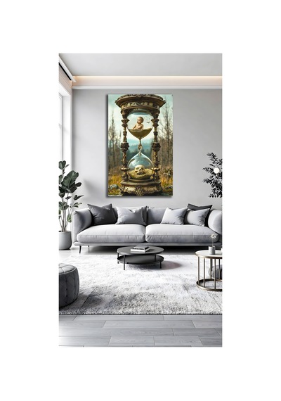 Zamanın Gizemi Cam Tablo Kum Saati Ve Yaşam Ölüm Temalı Sürrealist Dekoratif Duvar Tablosu Vintage Gold Premium Salon Ve Ofis Dekoru
