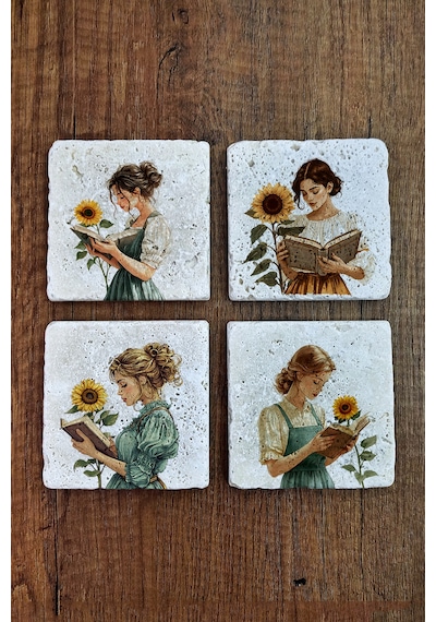 Doğal Taş Bardak Altlığı -kitap Okuyan Kız & Ayçiçeği Temalı Stone Coasters Çok Renkli