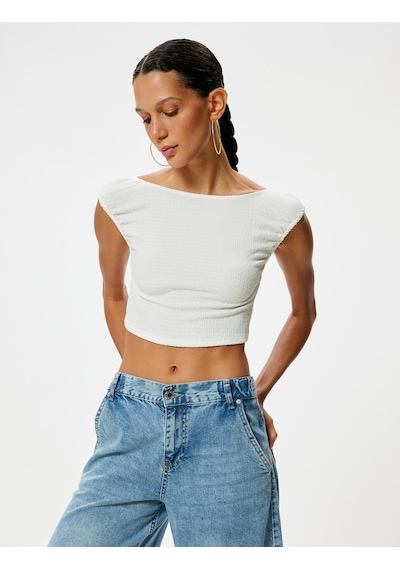 Koton Crop Tişört Bürümcük Sırt Detaylı Kap Kol Kayık Yaka Slim Fit Ekru 4sal30379ık Ekru