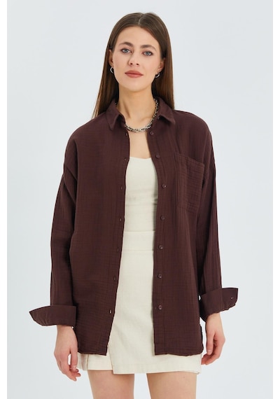 Mixray 3833 Kadın Oversize Cepli Müslin Gömlek Kahve
