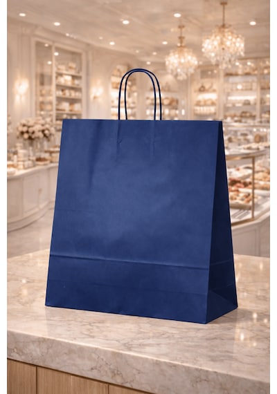 Elit Burgu Saplı Kraft Çanta Mavi Fsc Sertifikalı Kağıt Poşet Butik Hediye Torbası 36x12x41 Cm 50li