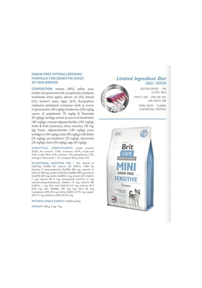 Care Sensitive, Minik Irk - Hassas Köpekler İçin, Tahılsız, Hipoalerjenik Geyik Etli Kuru , 2 Kg 100 G