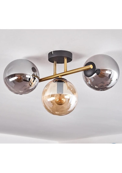 Rsylight Retro Metal Füme Bal Opal Glop Camlı 3 Lü Tavan Plofyoner Avize Füme