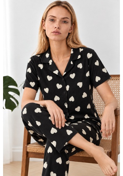 Kadın Kalpli Kısa Kollu Siyah Pijama Takımı 4825
