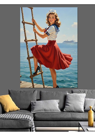 Merdivende Seksi Pin-up Kadın Dekoratif Kanvas - Mdf Ahşap Tablo