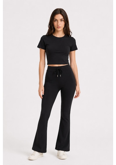 Mixray 2120 Kadın Crop T-shirt Ve Palazzo Pantolon Takım Siyah
