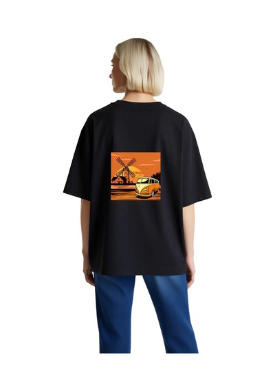 Paybuy Sunset Yolculuğu Vintage Minibüs Tasarımı Baskılı Kadın Oversize Siyah