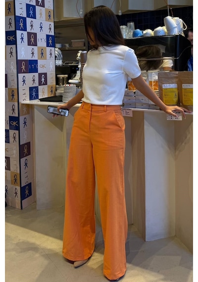 Madmext Turuncu Yüksek Bel Keten Wide Leg Pantolon Mg2718