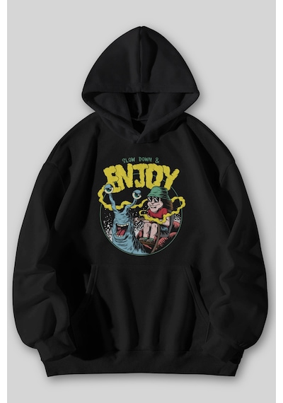 Harmandar Enjoy Baskılı Unisex Siyah Gri Kanguru Cepli Kapüşonlu Sweatshirt Hoodie SiYAH
