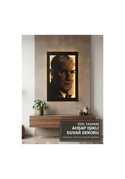 Ahşap Işıklı Duvar Dekoru Atatürk Figürlü Tablo 50x32 Cm