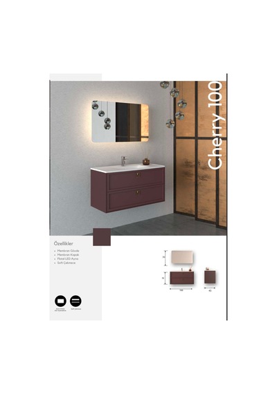 Evros Cherry 100 Cm Banyo Dolabı Bordo