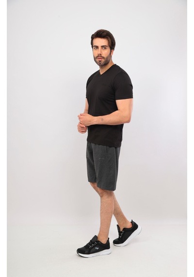 Erkek V Yaka Tshirt Şort Cep Fermuarlı Alt Üst Takım Siyah Füme