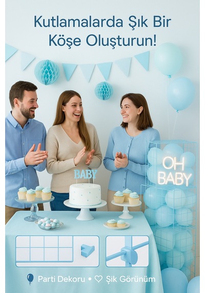 3 Lü Mavi Plastik Grid Box Seti Dekoratif Balon Kutusu Baby Shower & Doğum Günü Süsü