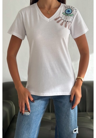 Femelle Kadın Beyaz V Yaka Omzu Nakış Ve Pul Payet İşlemeli %100 Pamuk T-shirt