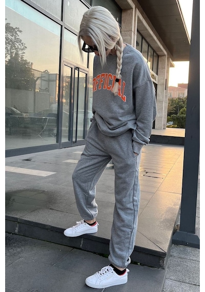 Official Eşofman Takımı Sweatshirt Jogger - Gri Baskılı Oversize Şardonlu Bisiklet Yaka Gri
