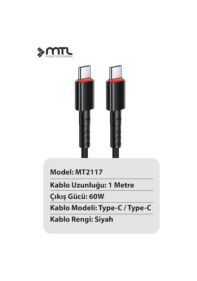 60w Pd Type-c To Type-c Örgülü Ultra Hızlı Şarj Ve Data Kablosu 1 Metre Siyah Mt2117