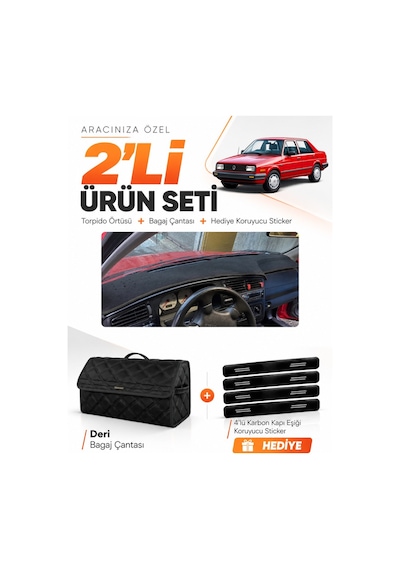 Volkswagen Jetta 1991-1997 Uyumlu Torpido Örtüsü + Deri Bagaj Çantası + Sticker Seti - Siyah