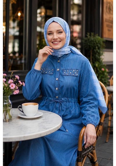 Hb Harma Time Butik Kadın Düğmeli Taş İşlemeli Bağcıklı Koyu Mavi Kot Elbise Mavi Mavi